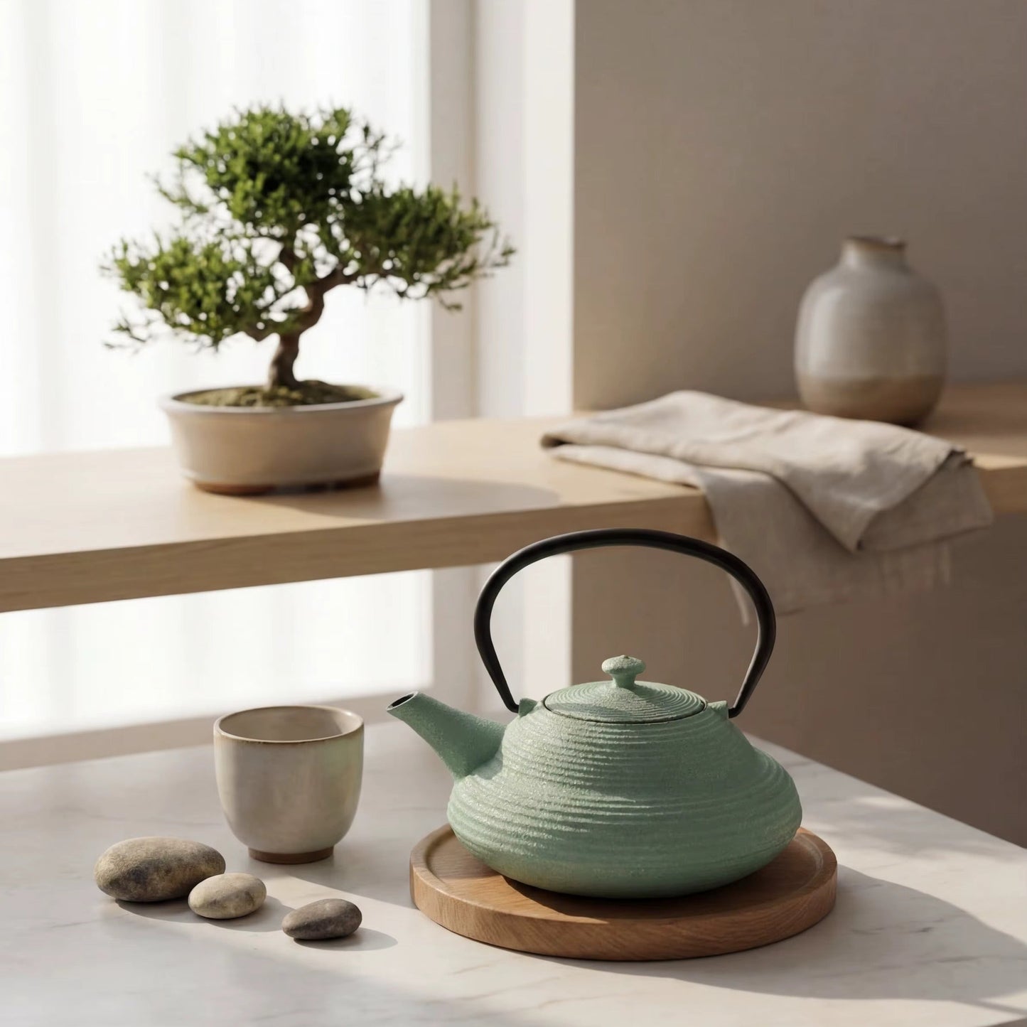 Theiere en fonte Japonaise 750ml sur plateau de bois