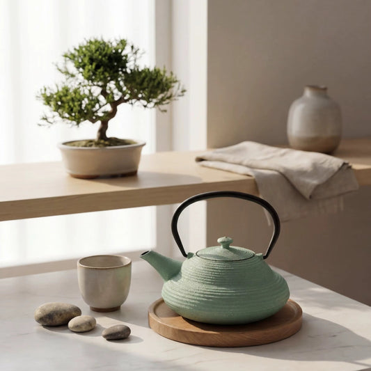 Theiere en fonte Japonaise 750ml sur plateau de bois