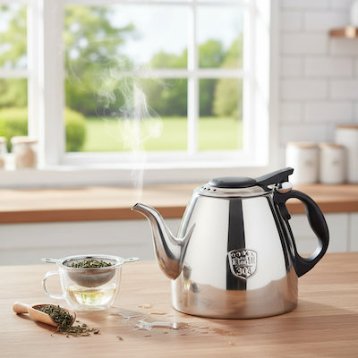 Theiere en inox Inoxia avec infuseur à thé sur tasse