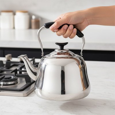 Théière en inox près de la cuisinière