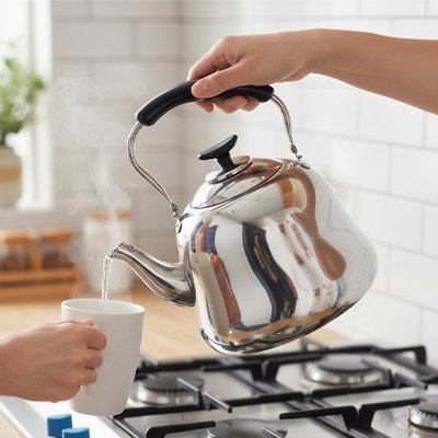 Théière en inox verse eau chaude dans tasse