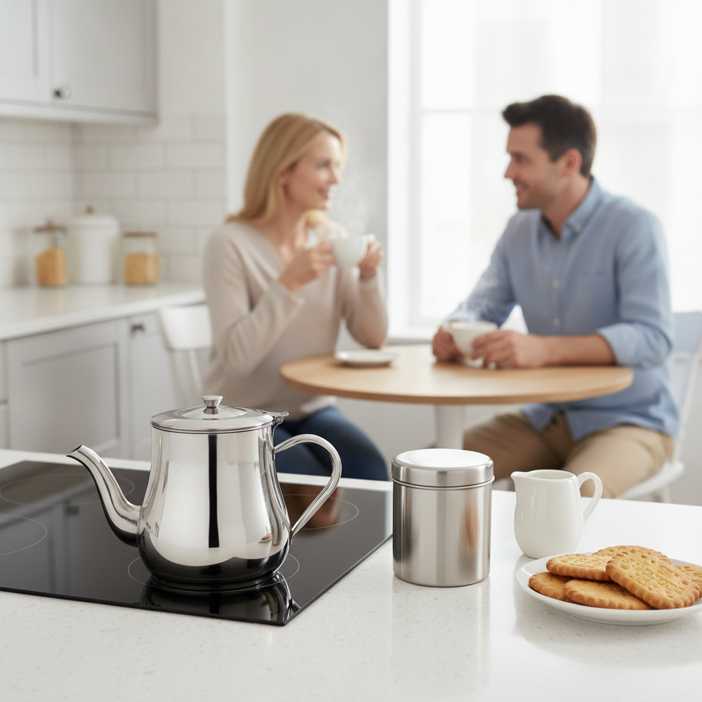 Théière inox Durable sur une cuisinière avec un couple