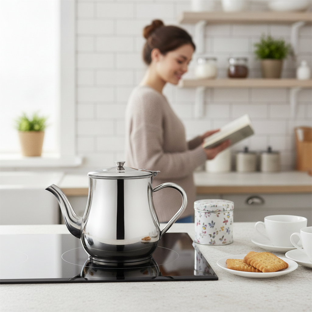 Théière inox Durable sur une cuisinière avec une femme