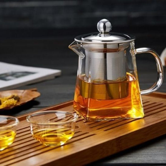 Theiere verre Borosilicate sur plateau avec verre