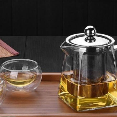 Theiere verre Borosilicate sur plateau avec verre